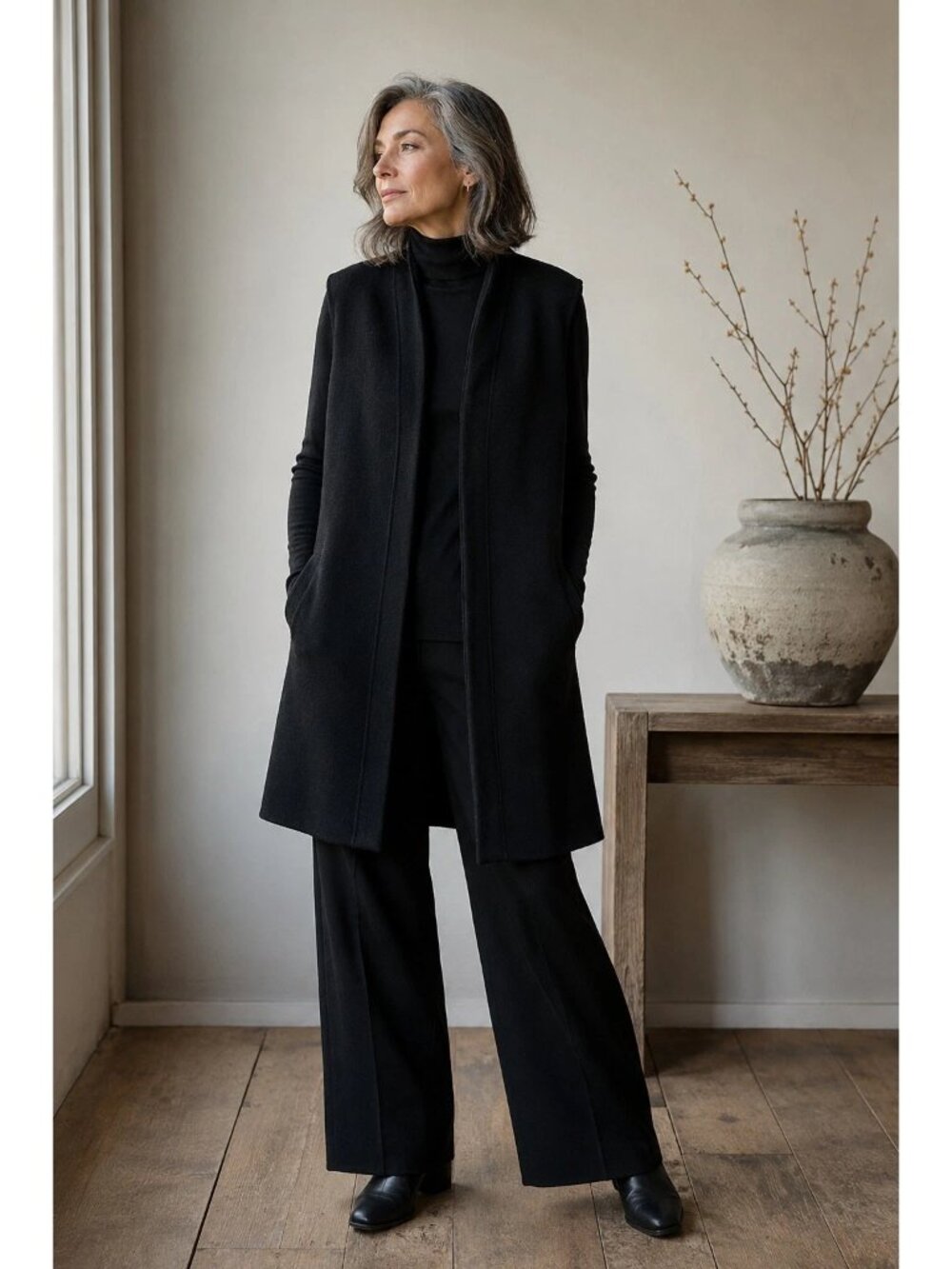 Eileen Fisher XL Black Boiled Wool Long Open Front Vest Sleeveless Jacket